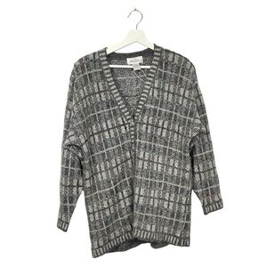 Vintage Cleo Petites Grey and White Plaid Button Up Cardigan